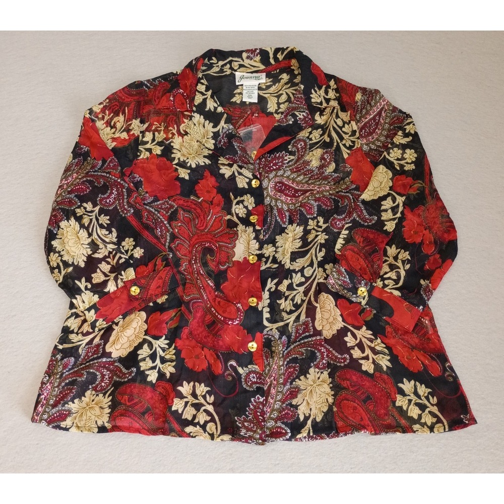Joanna Blouse Half Sleeve Floral/Paisley Sheer‎ Metallic Thread Sz S Black Red